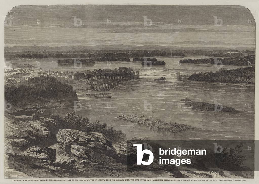Progress of the Prince of Wales in Canada, View of Part of the City and River of Ottawa, from the Barrack Hill, the Site of the New Parliament Buildings (engraving)