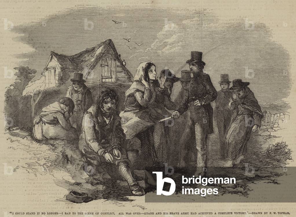 I could stand it no longer, I ran to the Scene of Conflict, All was Over, Keane and his Brave Army had achieved a Complete Victory (engraving)