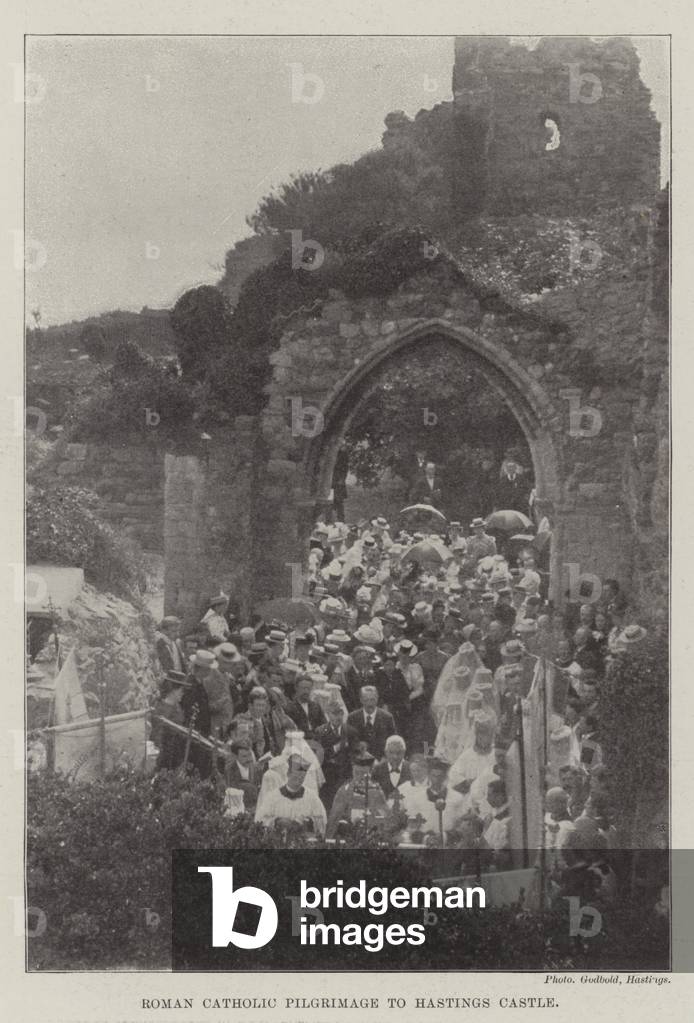 Roman Catholic Pilgrimage to Hastings Castle (b/w photo)