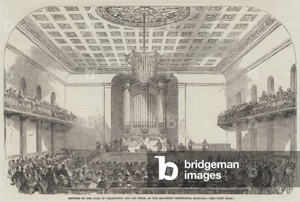Lecture on the Duke of Wellington and his Times, at the Beaumont Institution, Mile-End (engraving)