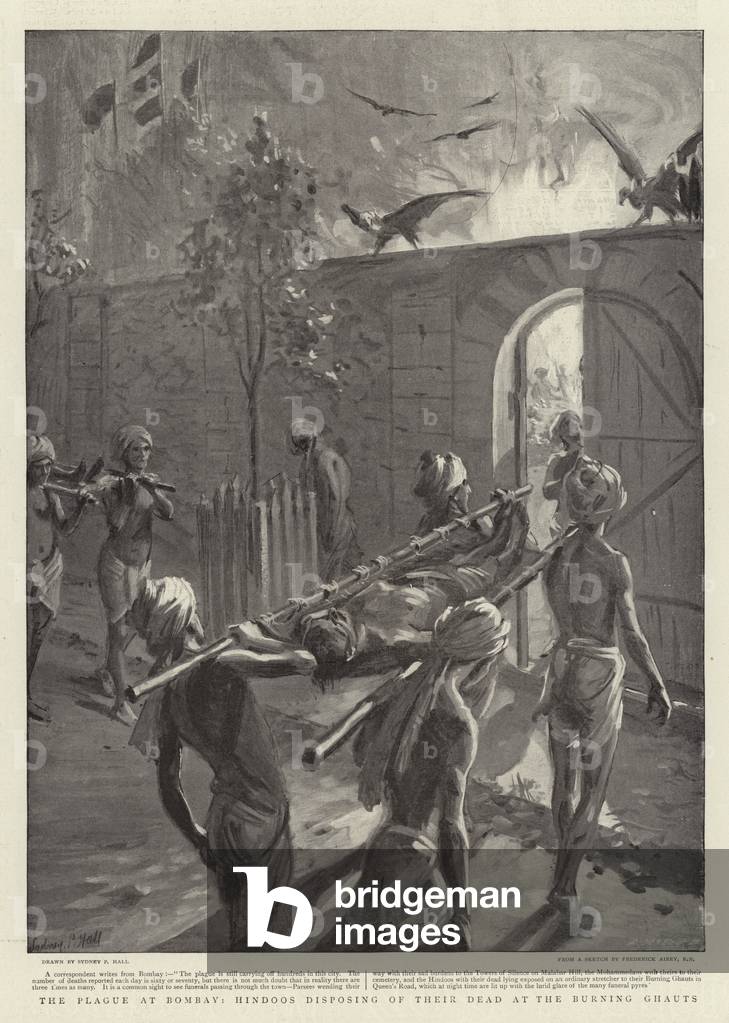 The Plague at Bombay, Hindoos disposing of their dead at the Burning Ghauts (litho)