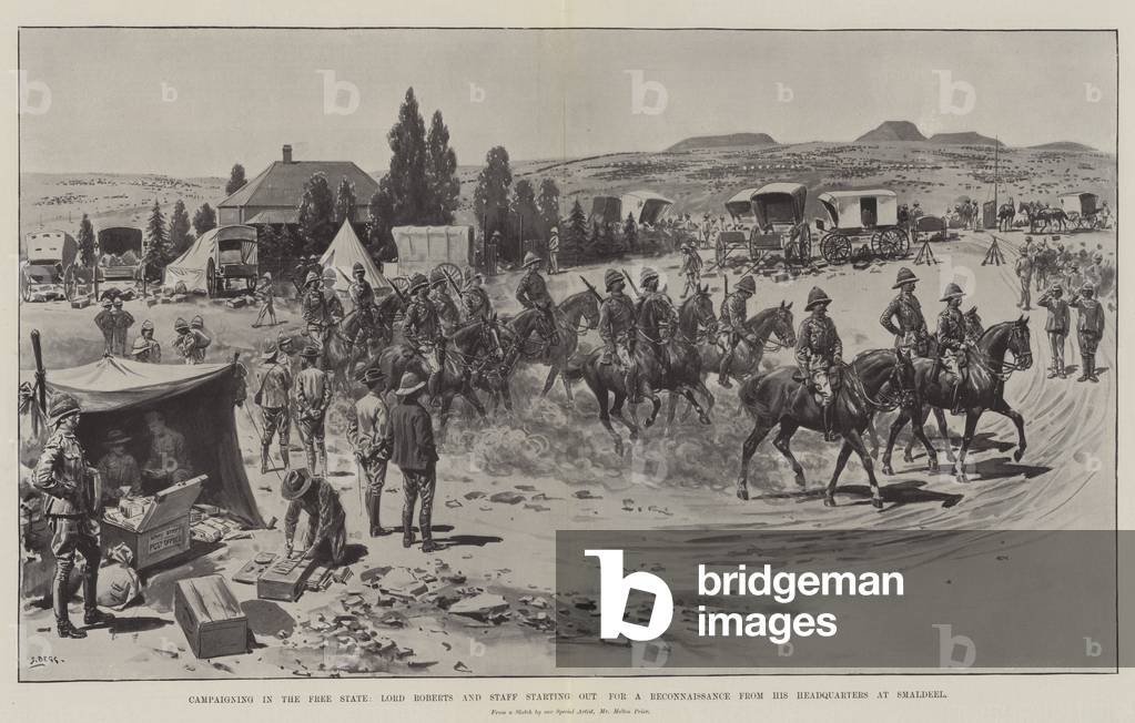 Campaigning in the Free State, Lord Roberts and Staff starting out for a Reconnaissance from his Headquarters at Smaldeel (litho)