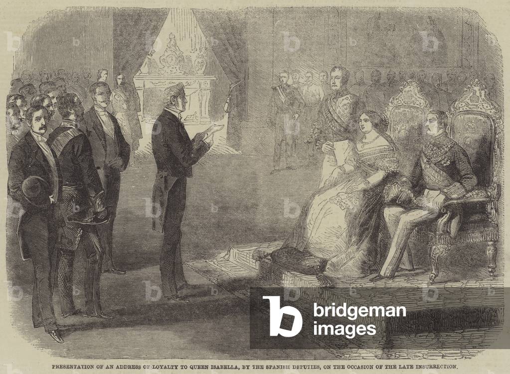 Presentation of an Address of Loyalty to Queen Isabella, by the Spanish Deputies, on the Occasion  (engraving)