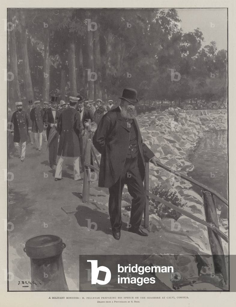 A Militant Minister, M Pelletan preparing his Speech on the Seashore at Calvi, Corsica (litho)