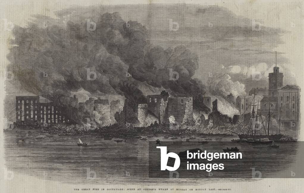 The Great Fire in Southwark, Scene at Cotton's Wharf at Midday on Monday Last (engraving)