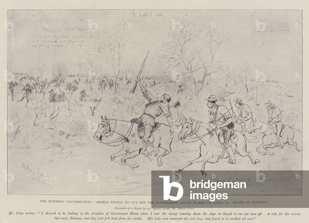 The Matabili Insurrection, Rebels trying to cut off the Government-House Picket on 25 April, Death of Parsons (engraving)
