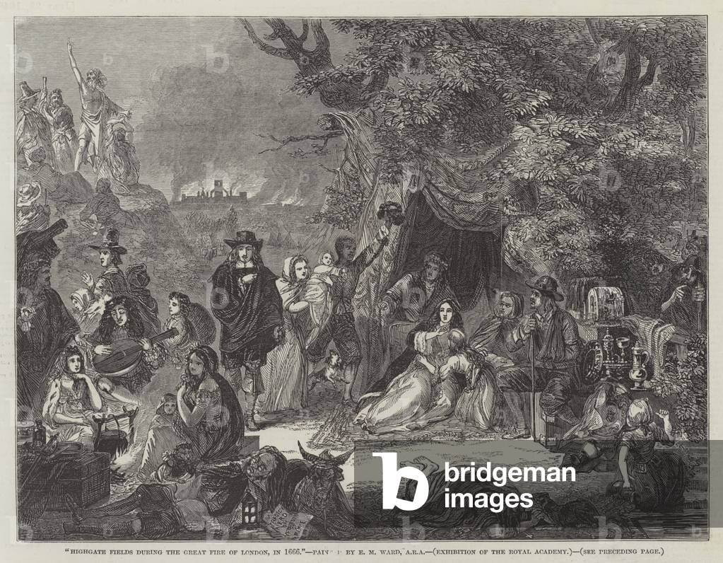 Highgate Fields during the Great Fire of London, in 1666 (engraving)