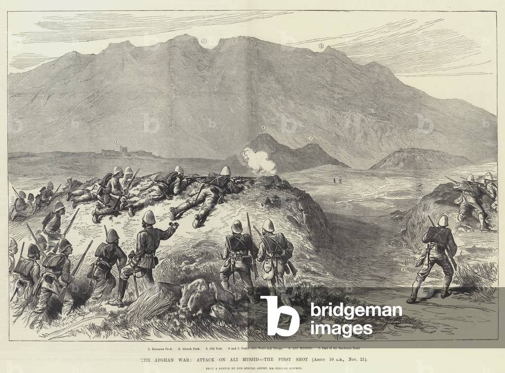 The Afghan War, Attack on Ali Musjid, the First Shot (engraving)