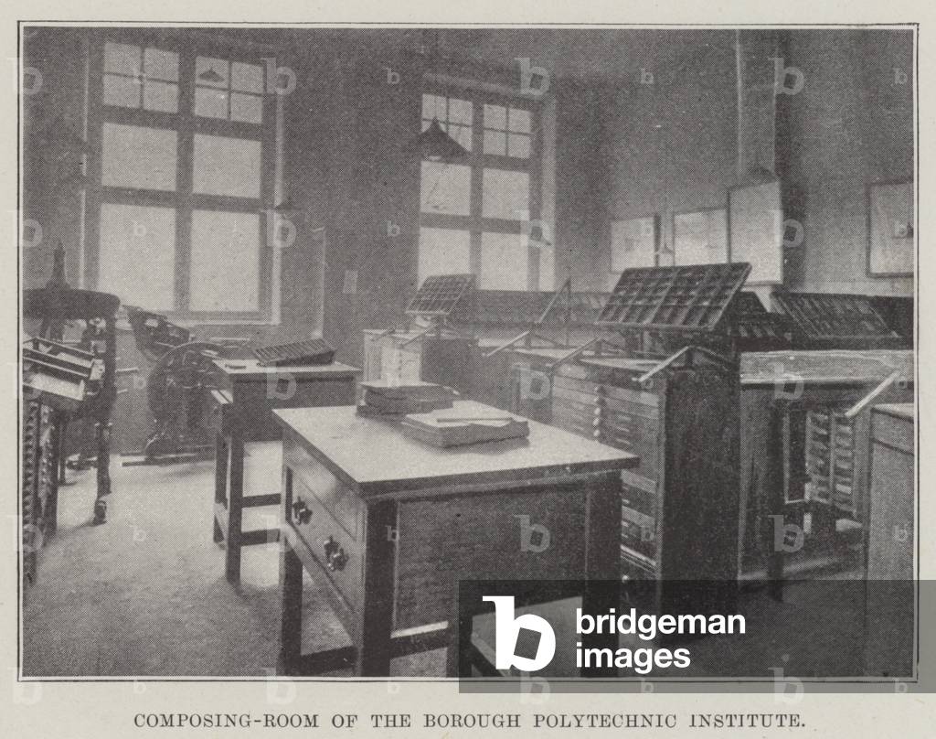 Composing-Room of the Borough Polytechnic Institute (b/w photo)