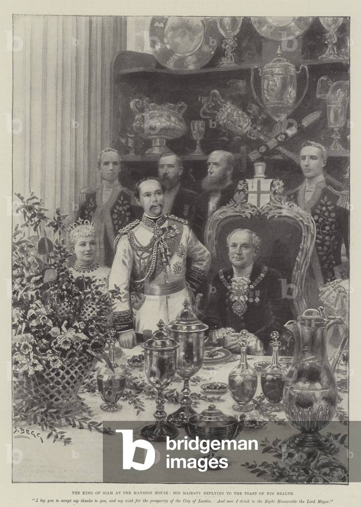 The King of Siam at the Mansion House, His Majesty replying to the Toast of his Health (litho)