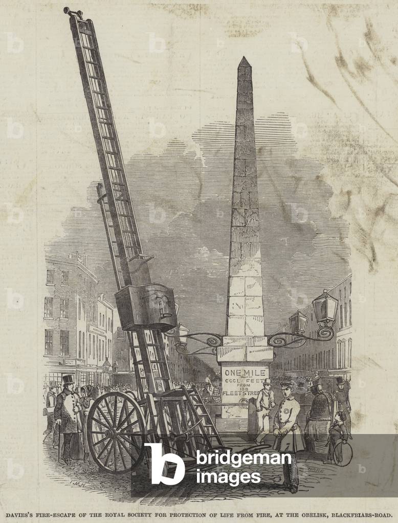 Davies's Fire-Escape of the Royal Society for Protection of Life from Fire, at the Obelisk, Blackfriars-Road (engraving)