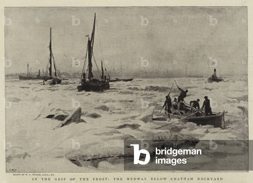 In the Grip of the Frost, the Medway below Chatham Dockyard (engraving)