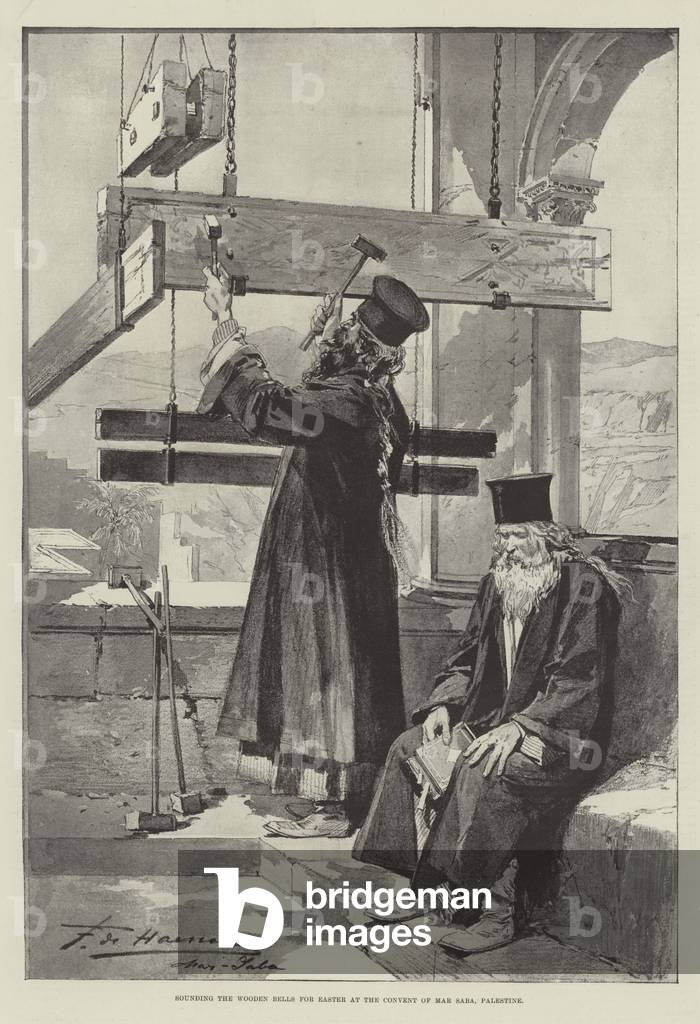 Sounding the Wooden Bells for Easter at the Convent of Mar Saba, Palestine (engraving)