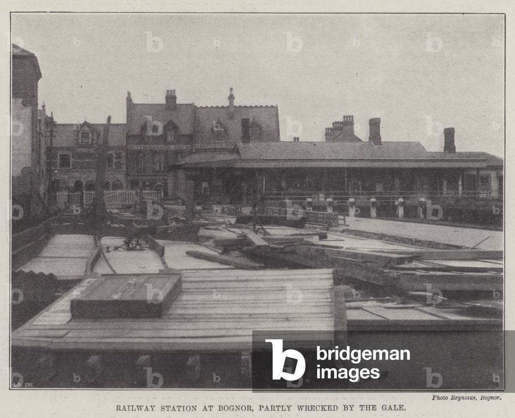 Railway Station at Bognor, partly wrecked by the Gale (b/w photo)