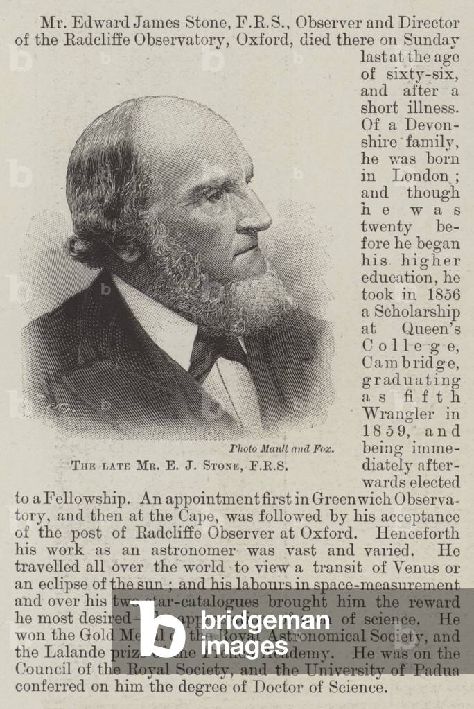 The late Mr E J Stone, FRS (engraving)
