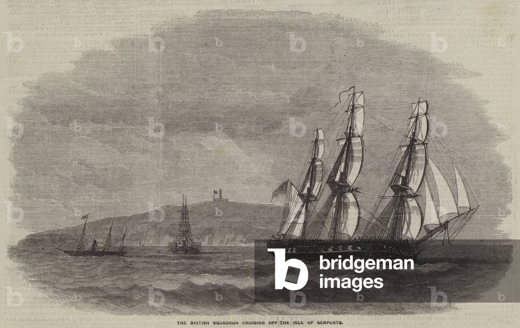 The British Squadron cruising off the Isle of Serpents (engraving)