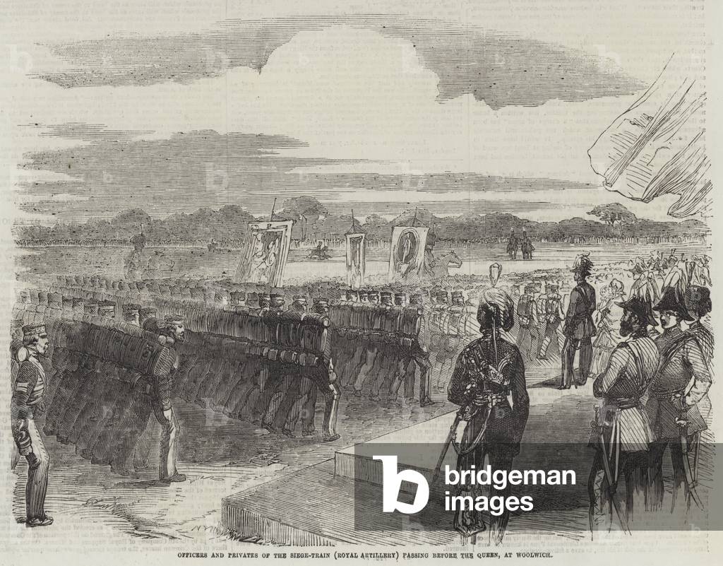 Officers and Privates of the Siege-Train (Royal Artillery) passing before the Queen, at Woolwich (engraving)