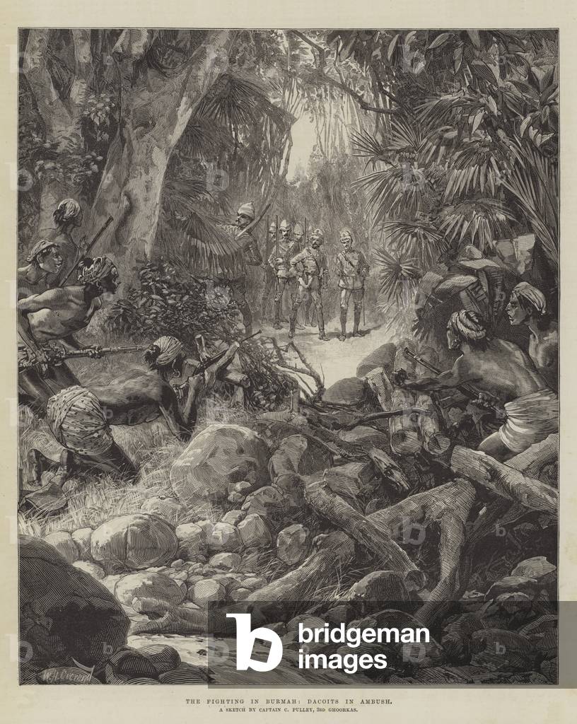 The Fighting in Burmah, Dacoits in Ambush (engraving)