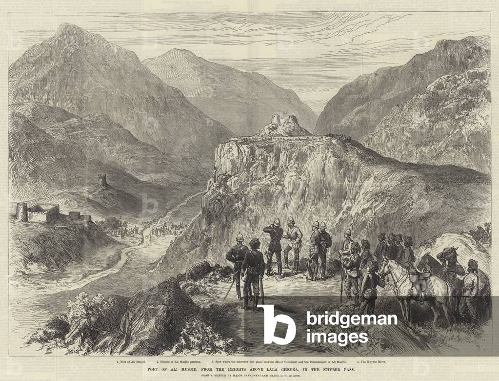 Fort of Ali Musjid, from the Heights above Lala Cheena, in the Khyber Pass (engraving)