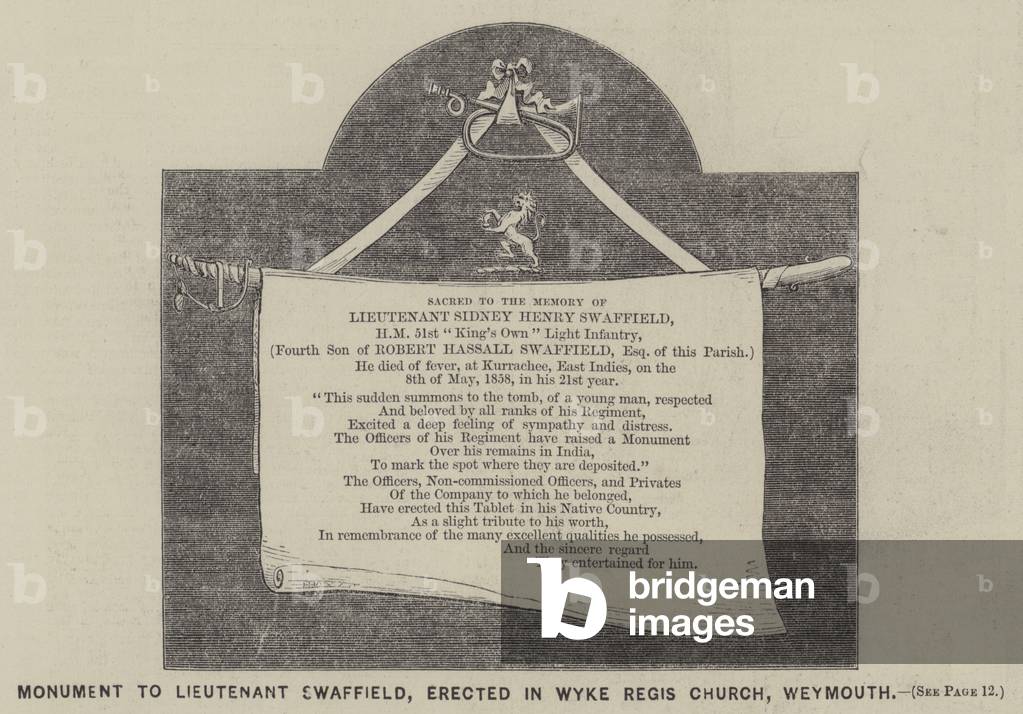 Monument to Lieutenant Swaffield, Erected in Wyke Regis Church, Weymouth (engraving)