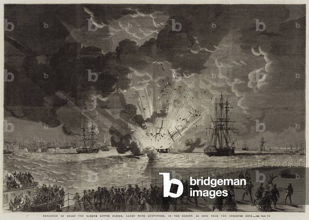Explosion on Board the Barque Lottie Sleigh, laden with Gunpowder, in the Mersey, as seen from the Cheshire Side (engraving)