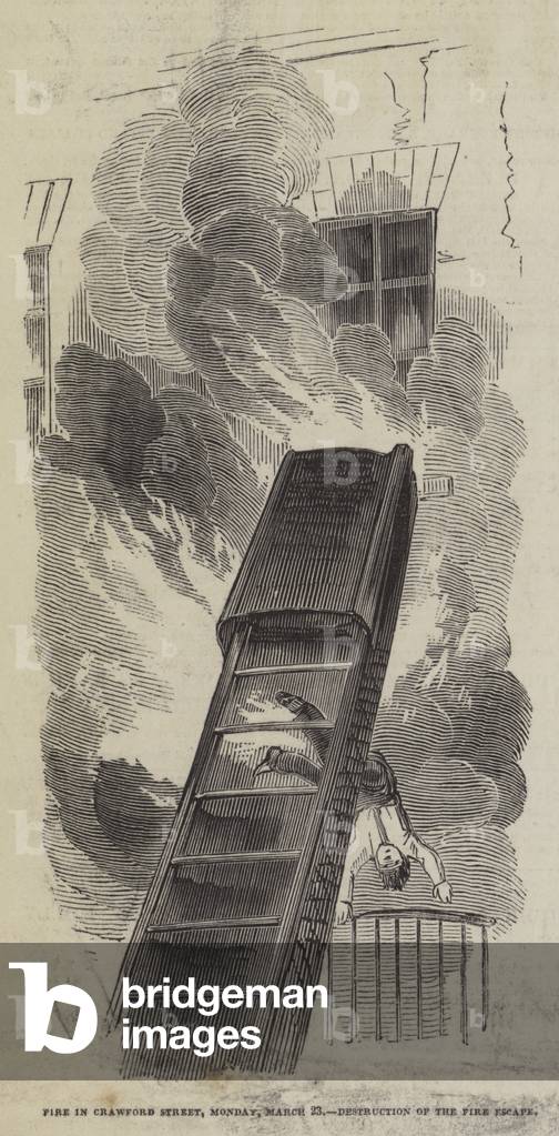 Fire in Crawford Street, Monday, 23 March, Destruction of the Fire Escape (engraving)