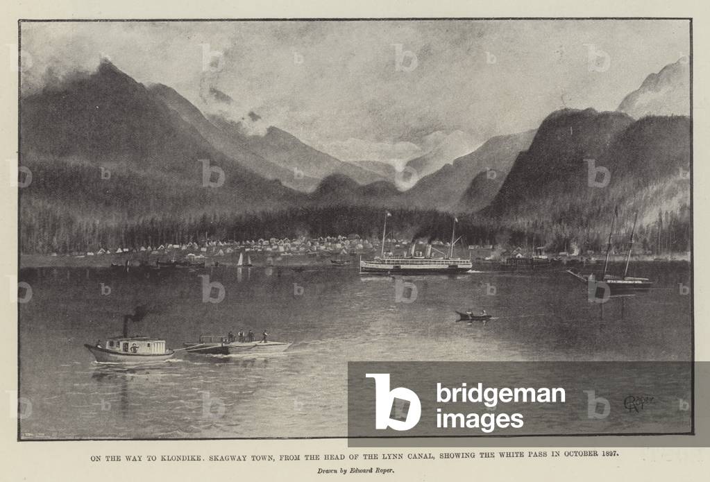 On the Way to Klondike, Skagway Town, from the Head of the Lynn Canal, showing the White Pass in October 1897 (litho)