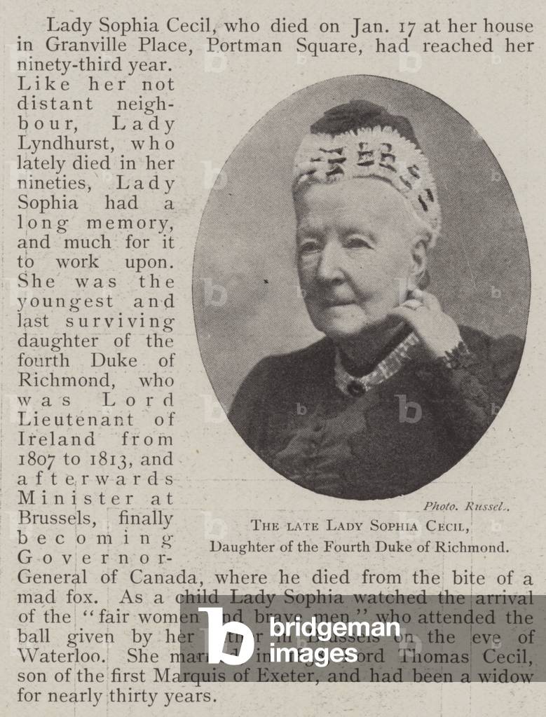 The late Lady Sophia Cecil, Daughter of the Fourth Duke of Richmond (b/w photo)