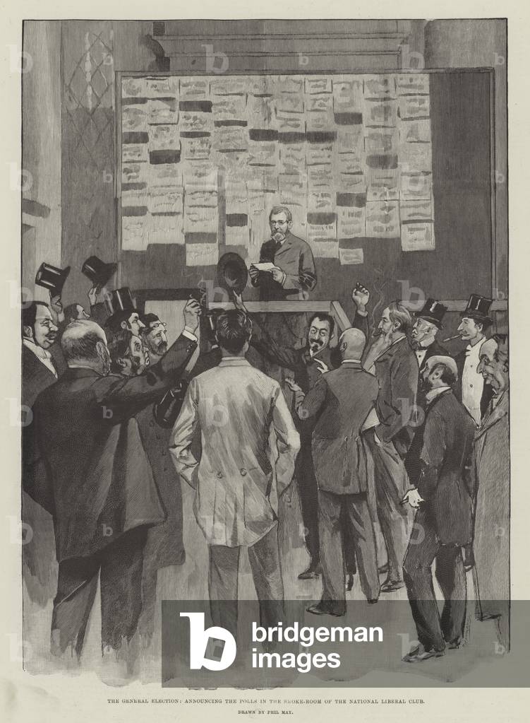 The General Election, announcing the Polls in the Smoke-Room of the National Liberal Club (engraving)