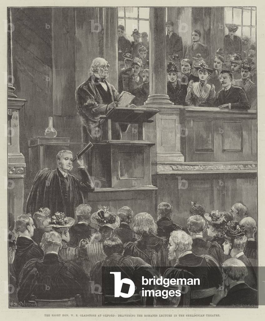 The Right Honourable W E Gladstone at Oxford, delivering the Romanes Lecture in the Sheldonian Theatre (engraving)