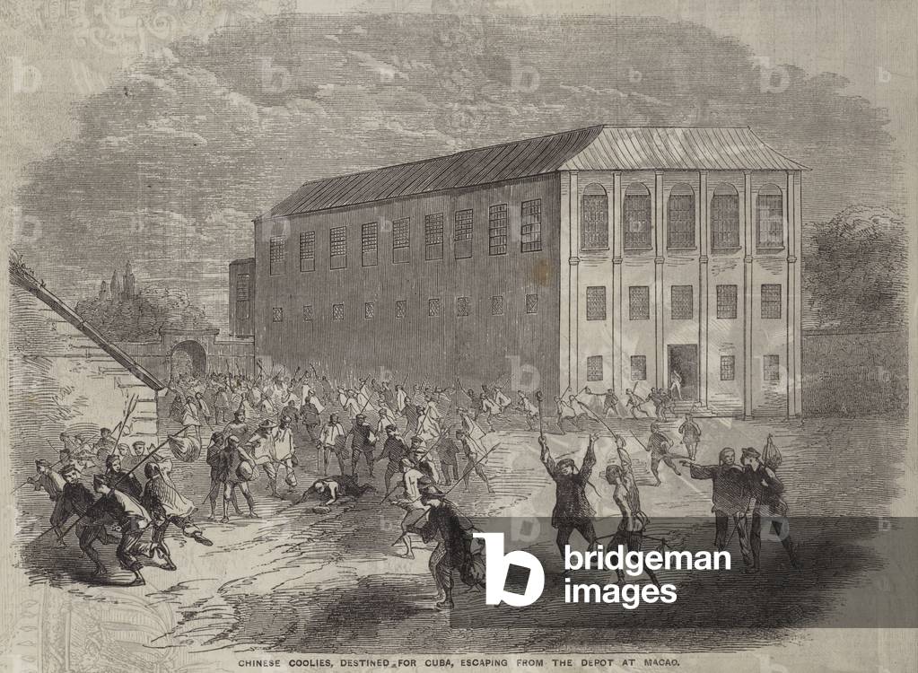 Chinese Coolies, destined for Cuba, escaping from the Depot at Macao (engraving)