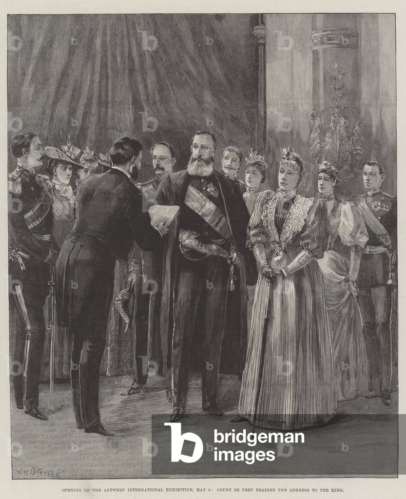 Opening of the Antwerp International Exhibition, 5 May, Count de Pret reading the Address to the King (engraving)