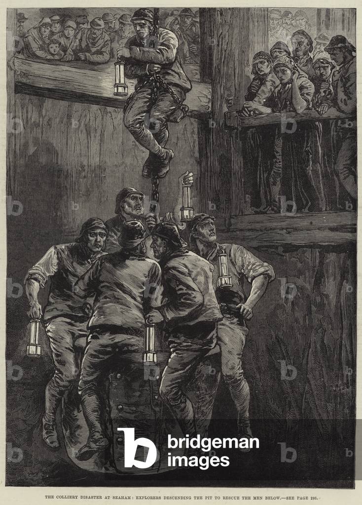 The Colliery Disaster at Seaham, Explorers descending the Pit to rescue the Men below (engraving)