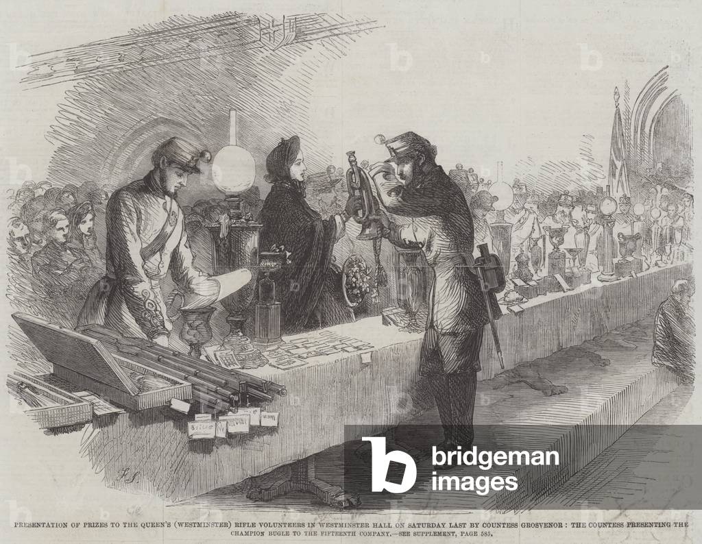 Presentation of Prizes to the Queen's (Westminster) Rifle Volunteers in Westminster Hall on Saturday Last by Countess Grosvenor, the Countess presenting the Champion Bugle to the Fifteenth Company (engraving)