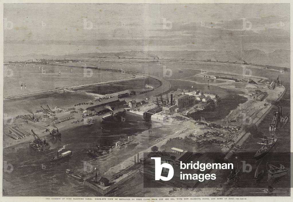 The Isthmus of Suez Maritime Canal, Bird's-Eye View of Entrance to the Canal from the Red Sea, with New Harbour, Docks, and Town of Suez (engraving)