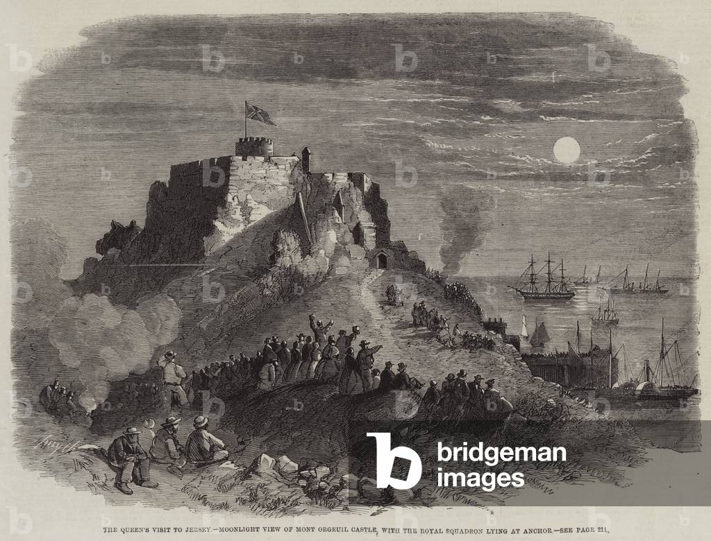 The Queen's Visit to Jersey, Moonlight View of Mont Orgeuil Castle with the Royal Squadron lying at Anchor (engraving)