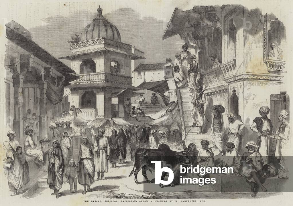 The Bazaar, Oodipoor, Rajpootana (engraving)