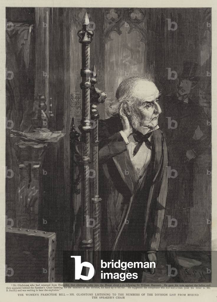 The Women's Franchise Bill, Mr Gladstone listening to the Numbers of the Division List from behind the Speaker's Chair (engraving)