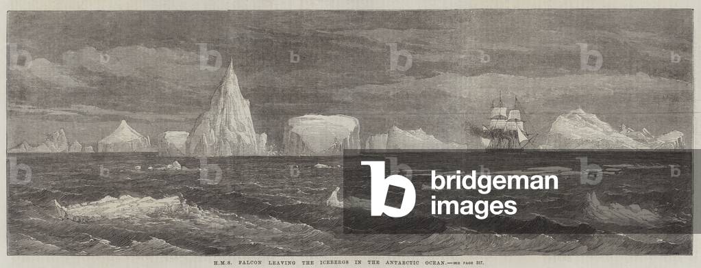 HMS Falcon leaving the Icebergs in the Antarctic Ocean (engraving)