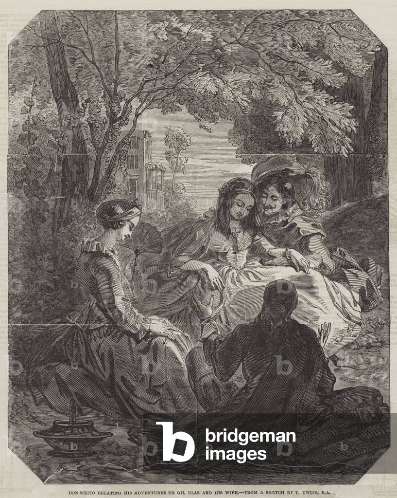 Don Scipio relating his Adventures to Gil Blas and his Wife (engraving)