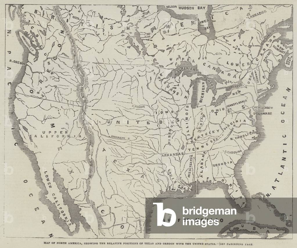 Map of North America, showing the Relative Positions of Texas and Oregon with the United States (engraving)