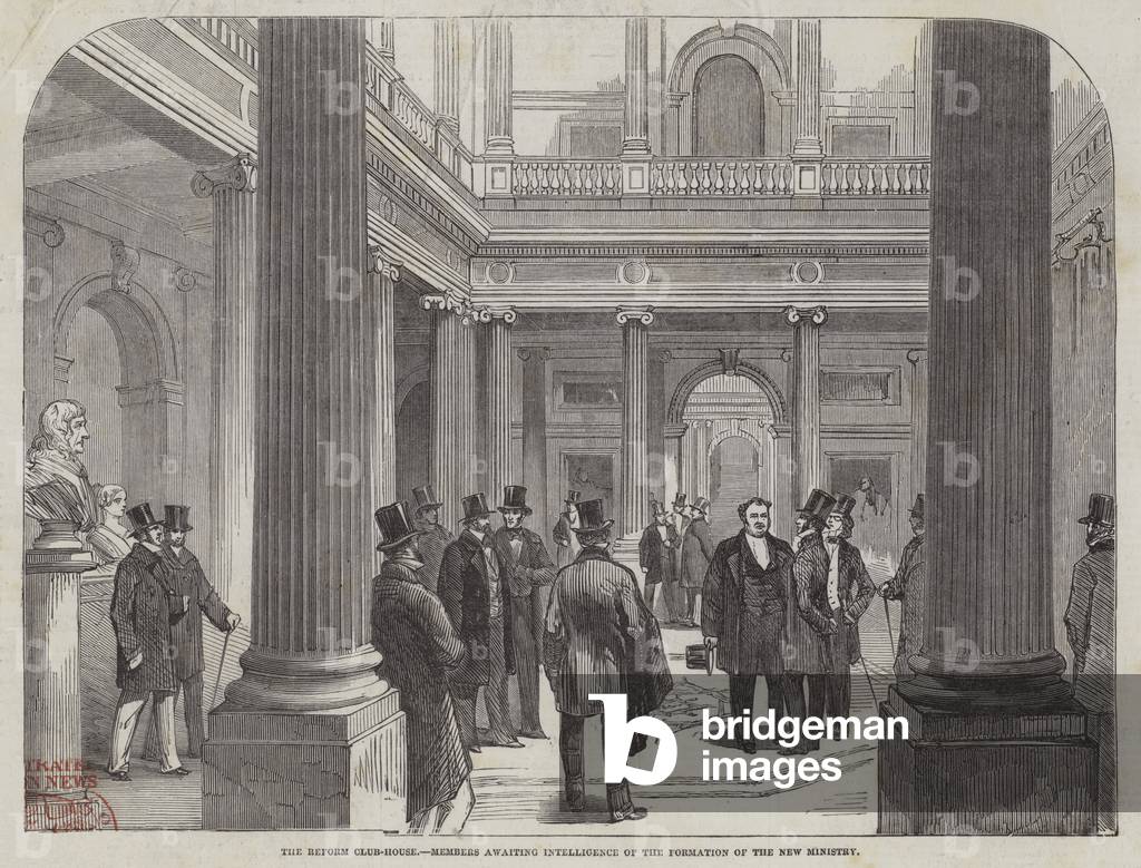 The Reform Club-House, Members awaiting Intelligence of the Formation of the New Ministry (engraving)