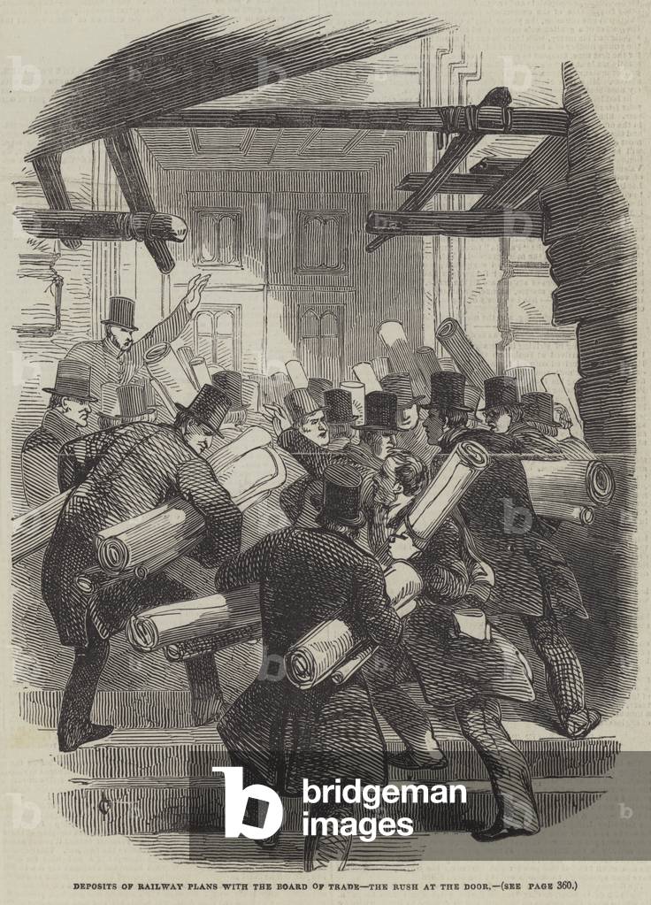Deposits of Railway Plans at the Board of Trade, the Rush at the Door (engraving)