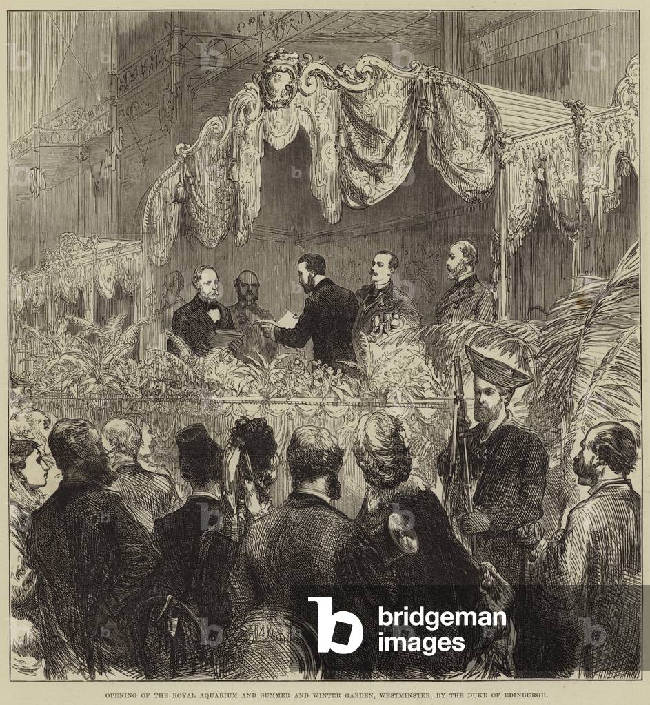 Opening of the Royal Aquarium and Summer and Winter Garden, Westminster, by the Duke of Edinburgh (engraving)