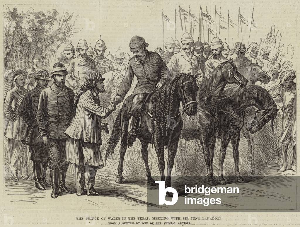 The Prince of Wales in the Terai, meeting with Sir Jung Bahadoor (engraving)