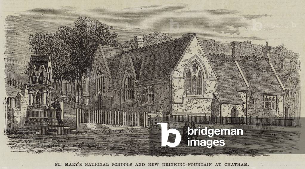 St Mary's National Schools and New Drinking-Fountain at Chatham (engraving)