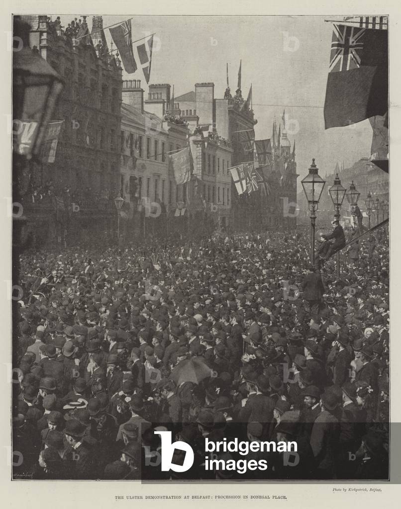 The Ulster Demonstration at Balfast, Procession in Donegal Place (b/w photo)