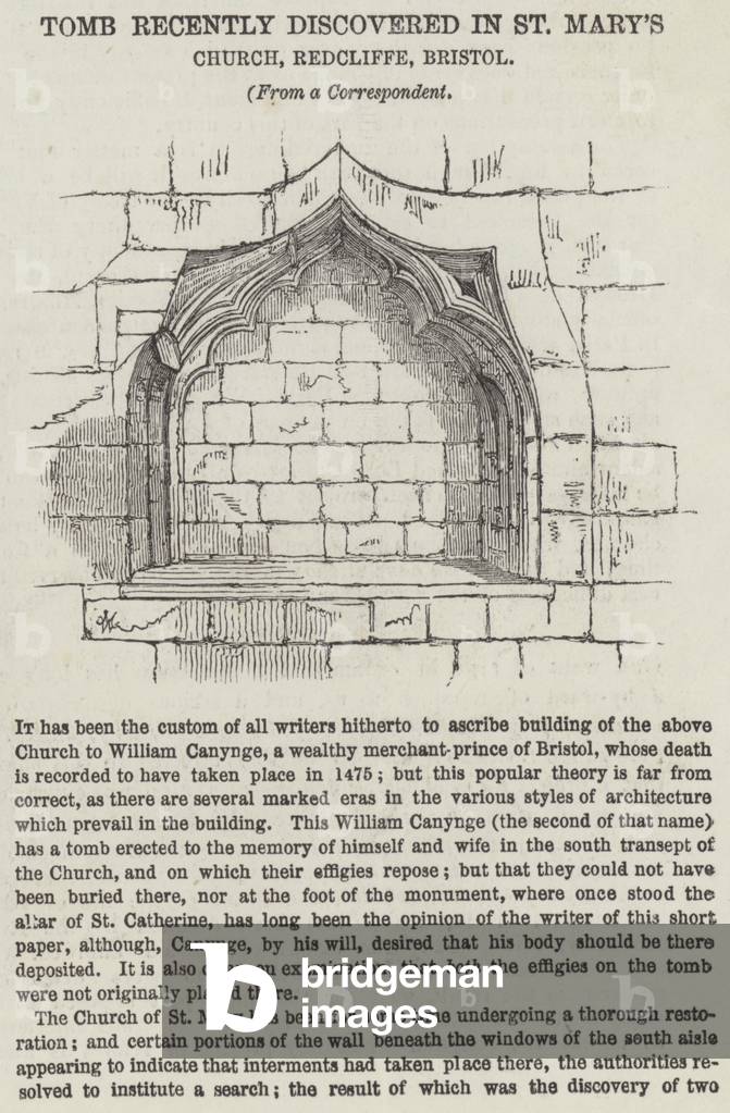 Tomb recently discovered in St Mary's Church, Redcliffe, Bristol (engraving)