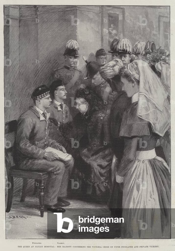 The Queen at Netley Hospital, Her Majesty conferring the Victoria Cross on Piper Findlater and Private Vickery (engraving)