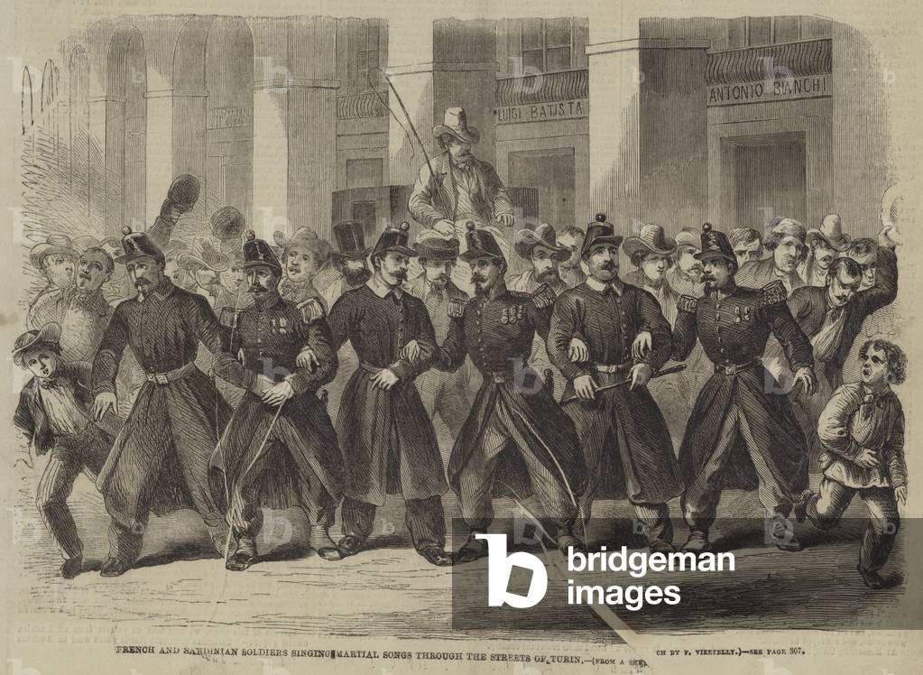 French and Sardinian Soldiers singing Martial Songs through the Streets of Turin (engraving)